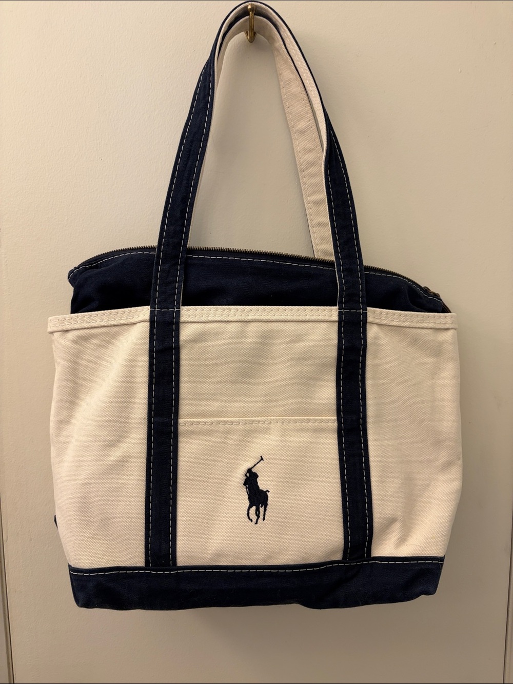 Polo by Ralph Lauren Navy and Cream Canvas Messenger Tote